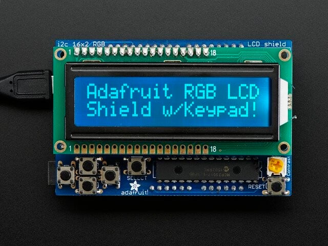 Adafruit RGB LCD Shield Kit med 16x2 karakterdisplay - Kun 2 stik brugt! 714