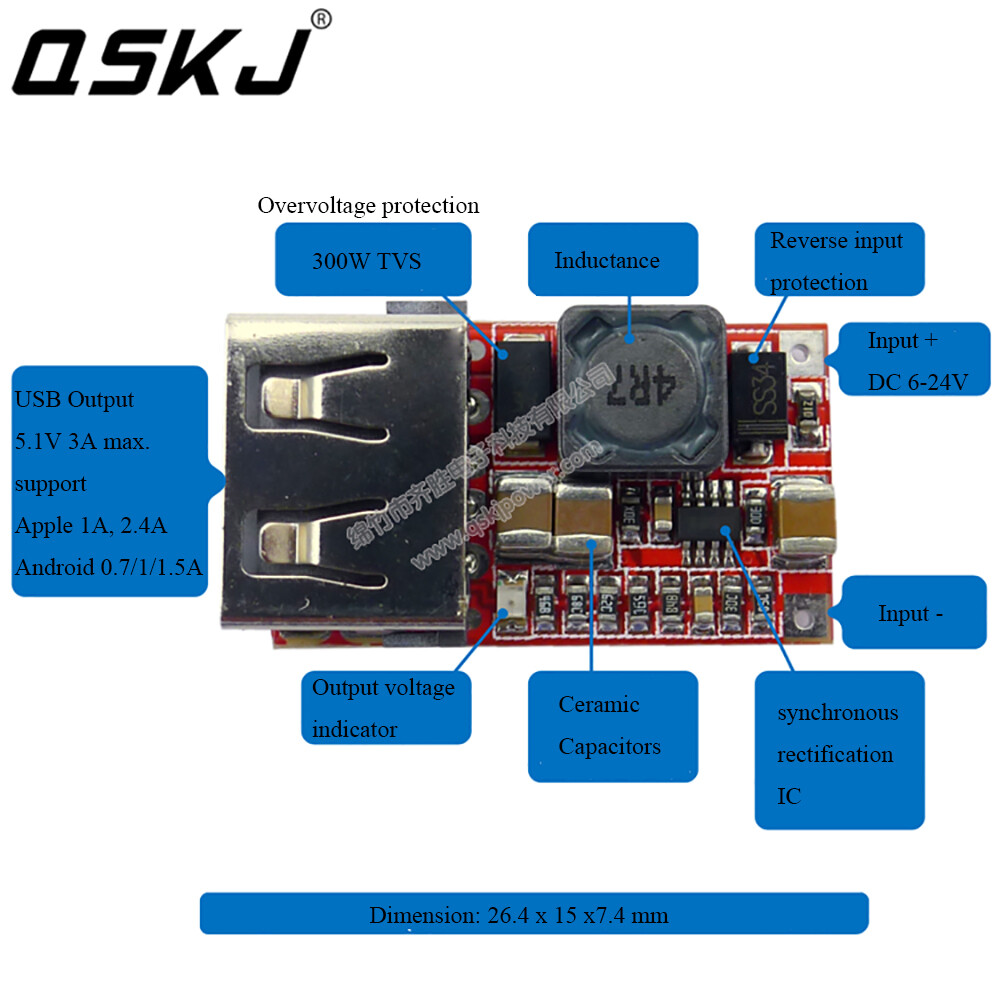 DC-DC Step-Down Spændingsregulator 6-20V til 5V 3A (Max) Strømforsyning