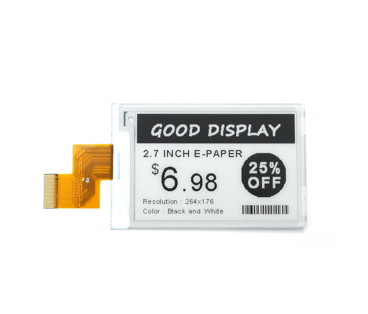 GooDisplay, 2,7 Zoll E-Ink-skærm, 264x176 SPI, GDEY027T91