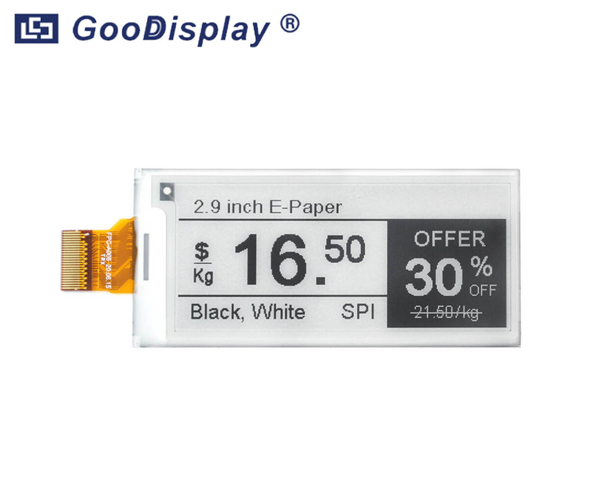 GooDisplay, 2,9 Zoll E-Ink-skærm, E-Papirdisplay, SPI, GDEY029T94, Hurtig opdatering