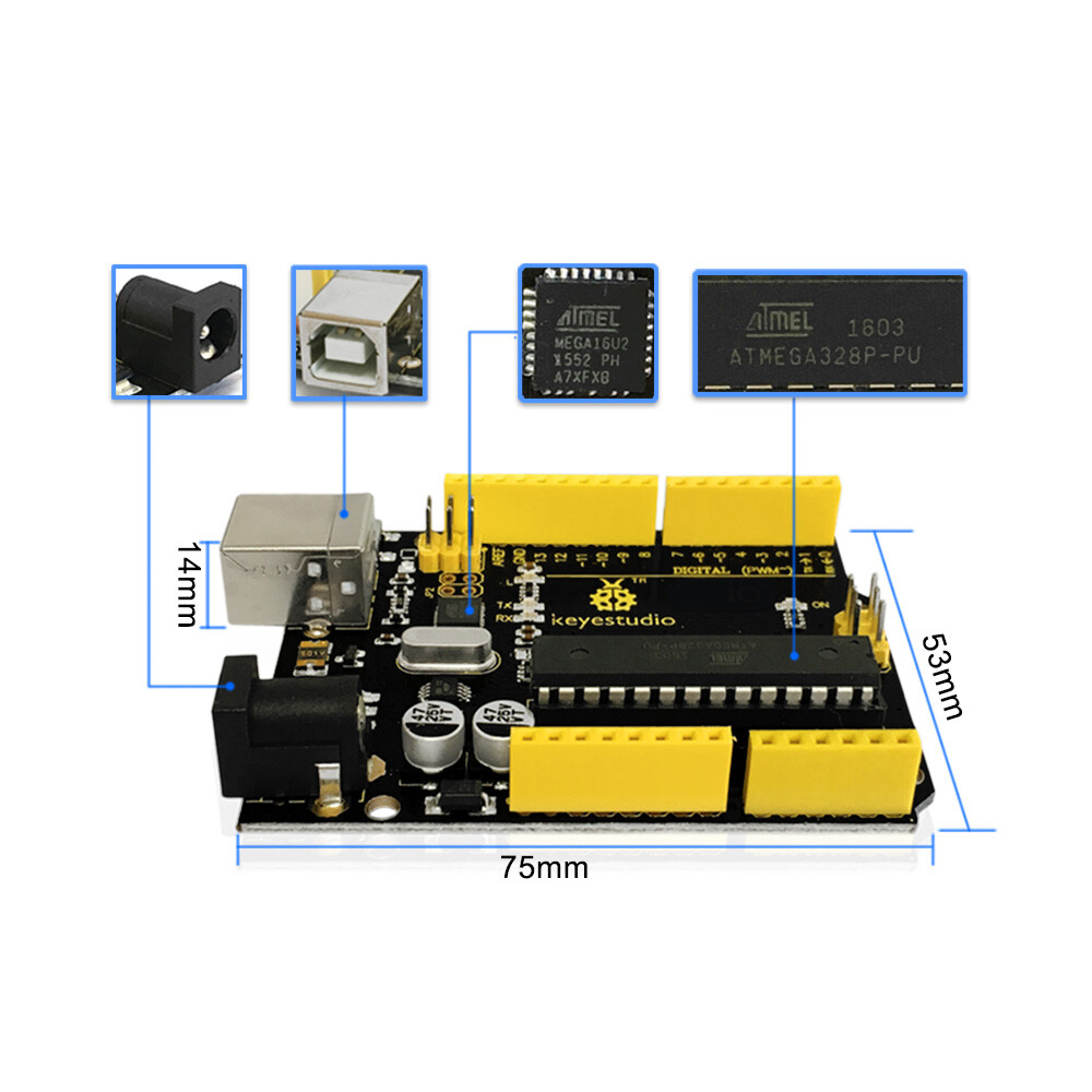 Keyestudio UNO R3 Udviklingskort Kompatibelt med Arduino Uno R3 + USB-kabel