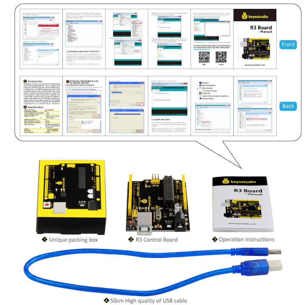 Keyestudio UNO R3 Udviklingskort Kompatibelt med Arduino Uno R3 + USB-kabel