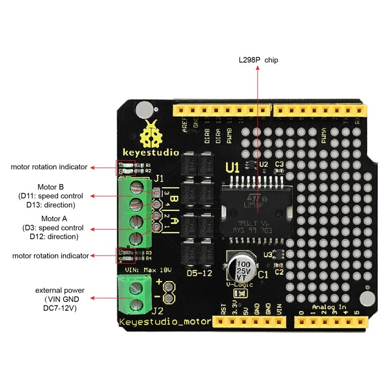 Keyestudio L298P-skærm/2A højstrøms dual motor driver modul til Arduino