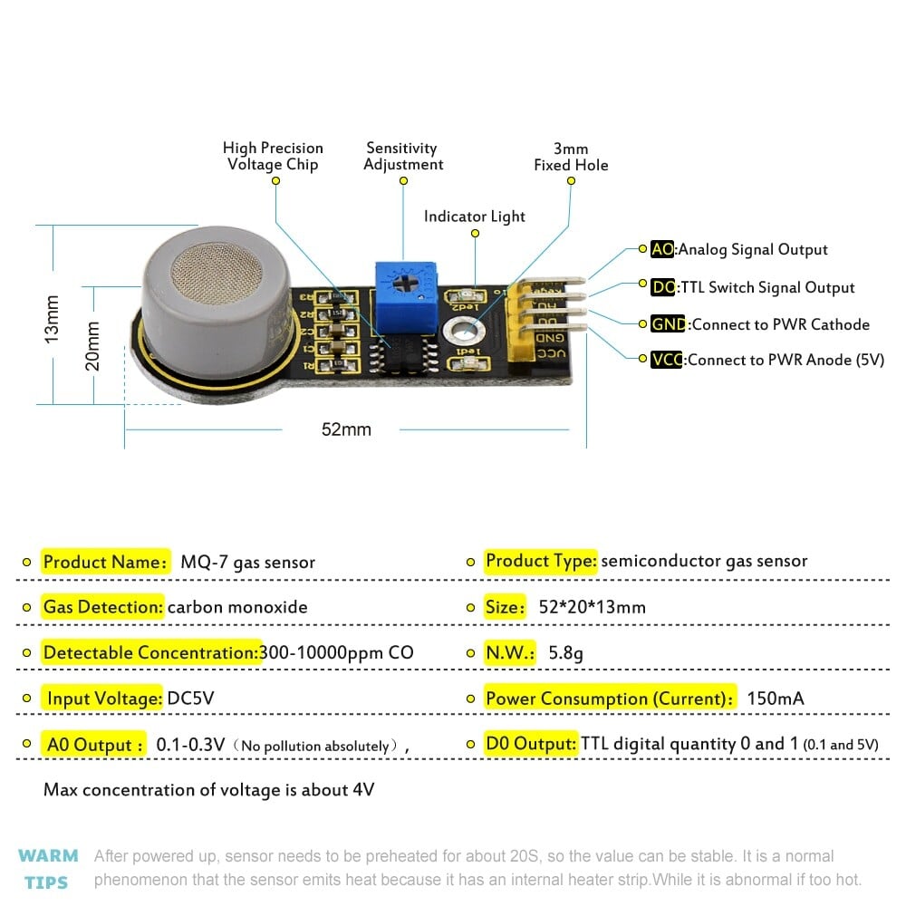 Keyestudio MQ-7 Kohlenmonoxid CO Gas Sensor Detektionsmodul für Arduino