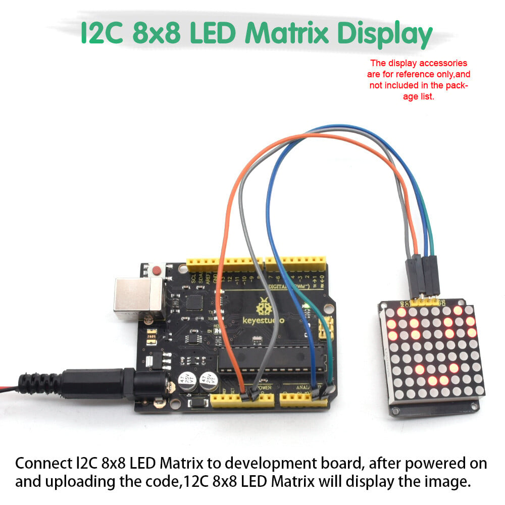 Keyestudio 8x8 LED Dot Matrix Modul HT16K33 for Arduino Rød farve, fælles katode, I2C