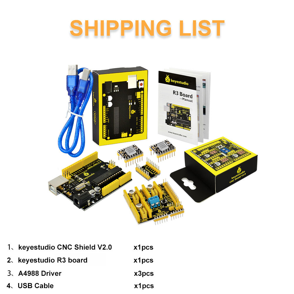 Keyestudio CNC-sæt til Arduino UNO R3 (CNC Shield V2 + A4988 Kompatibel med GRBL)