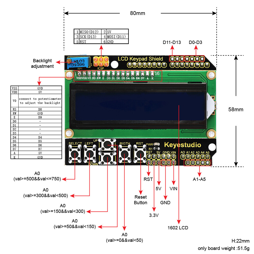 Keyestudio 1602LCD tastatur shield kompatibel med Arduino UNO, blå, sort, baggrundslys