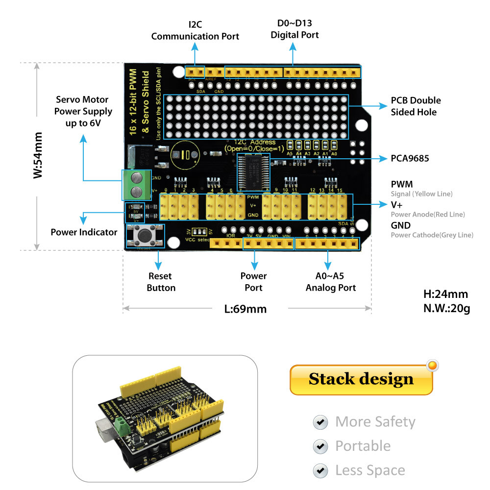 Keyestudio 16-kanal Servo Motor Driver Shield til Arduino