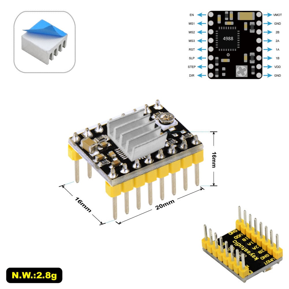 Keyestudio A4988 Reprap Stepmotor-driver med køleplade til Arduino 3D-printer RAMPS1.4