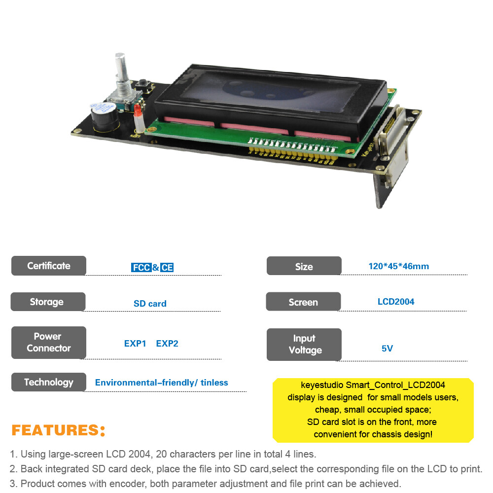 Keyestudio LCD2004 Display 3D-modul til Arduino 3D-printer SD-kortslot Kabel