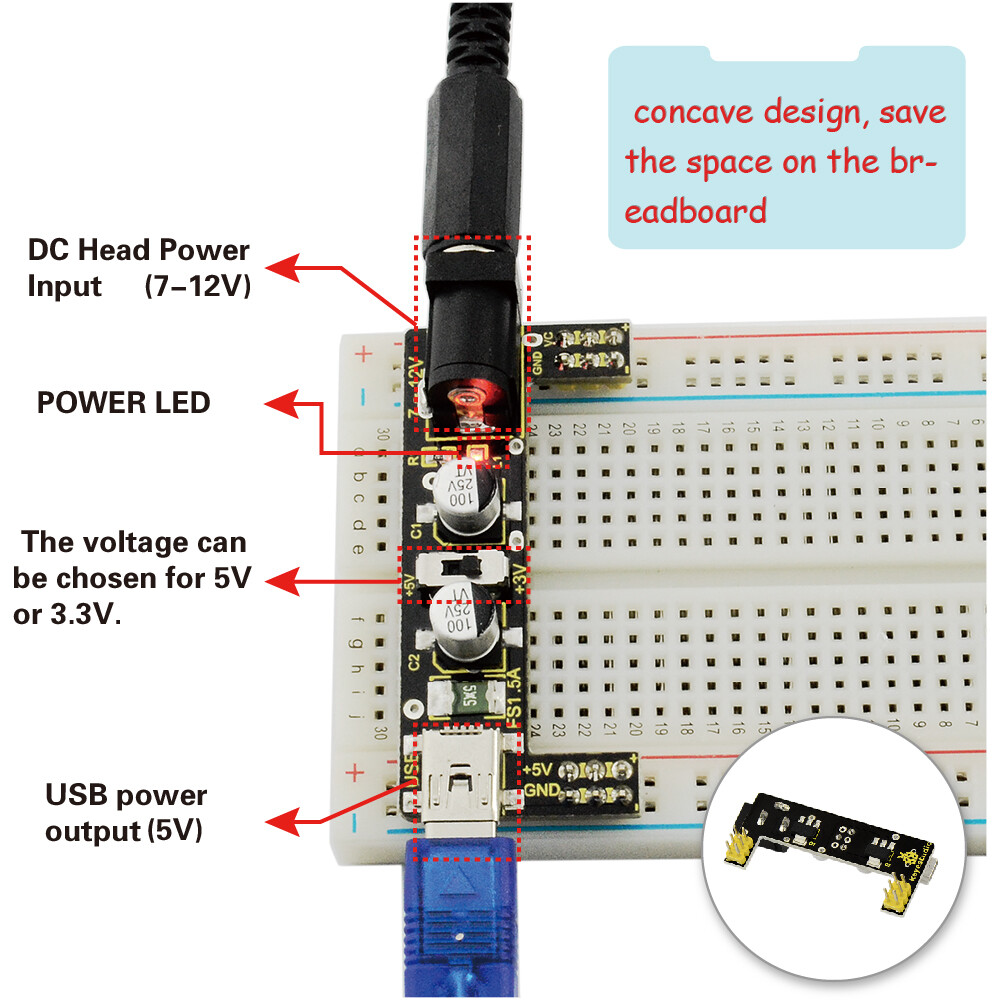 Keyestudio Breadboard-sæt til Arduino, Strømforsyning + Breadboard + Jumperled