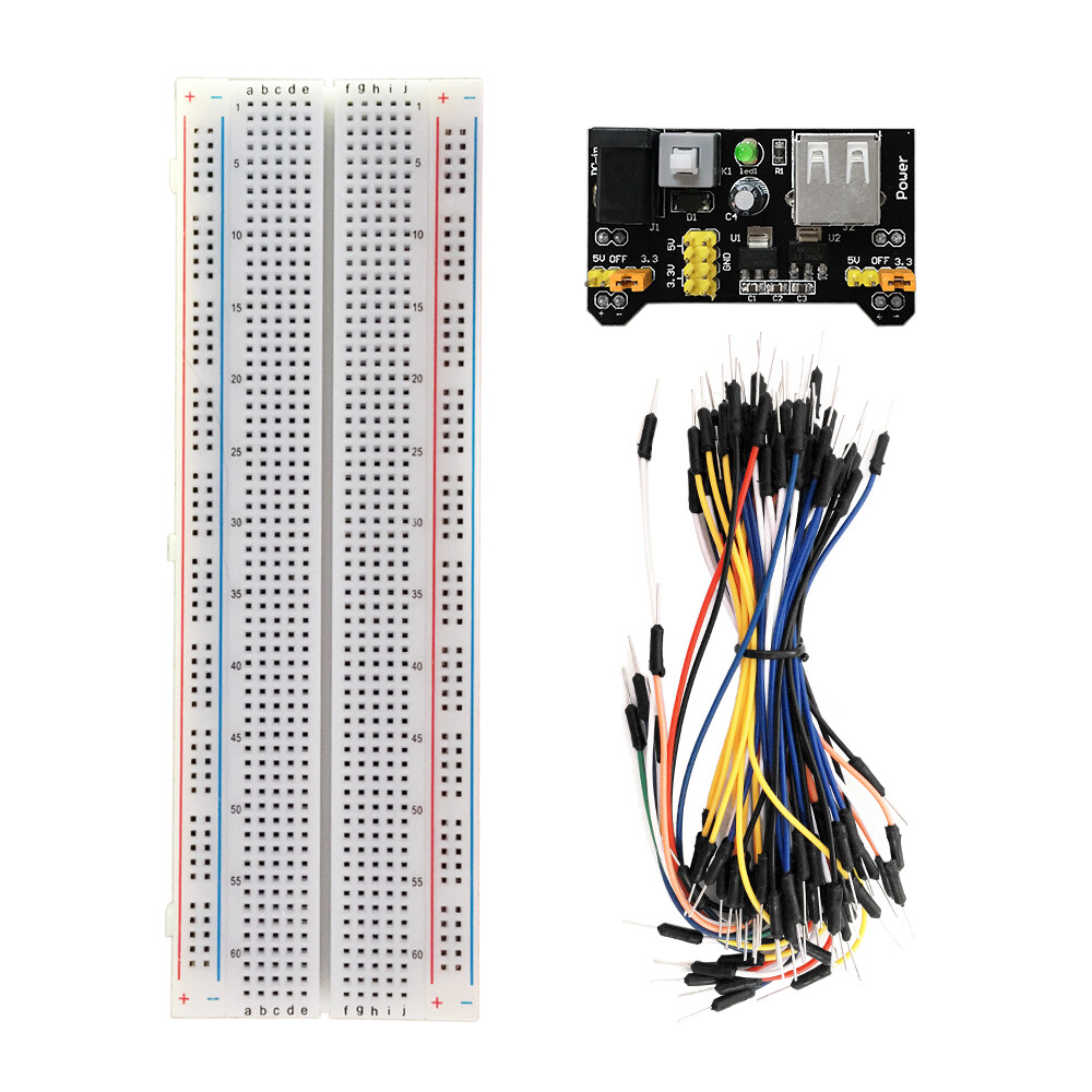Keyestudio DIY-sæt til Arduino med strømforsyning 3,3 V/5 V, 830 punkters breadboard, 65 x jumperkabler