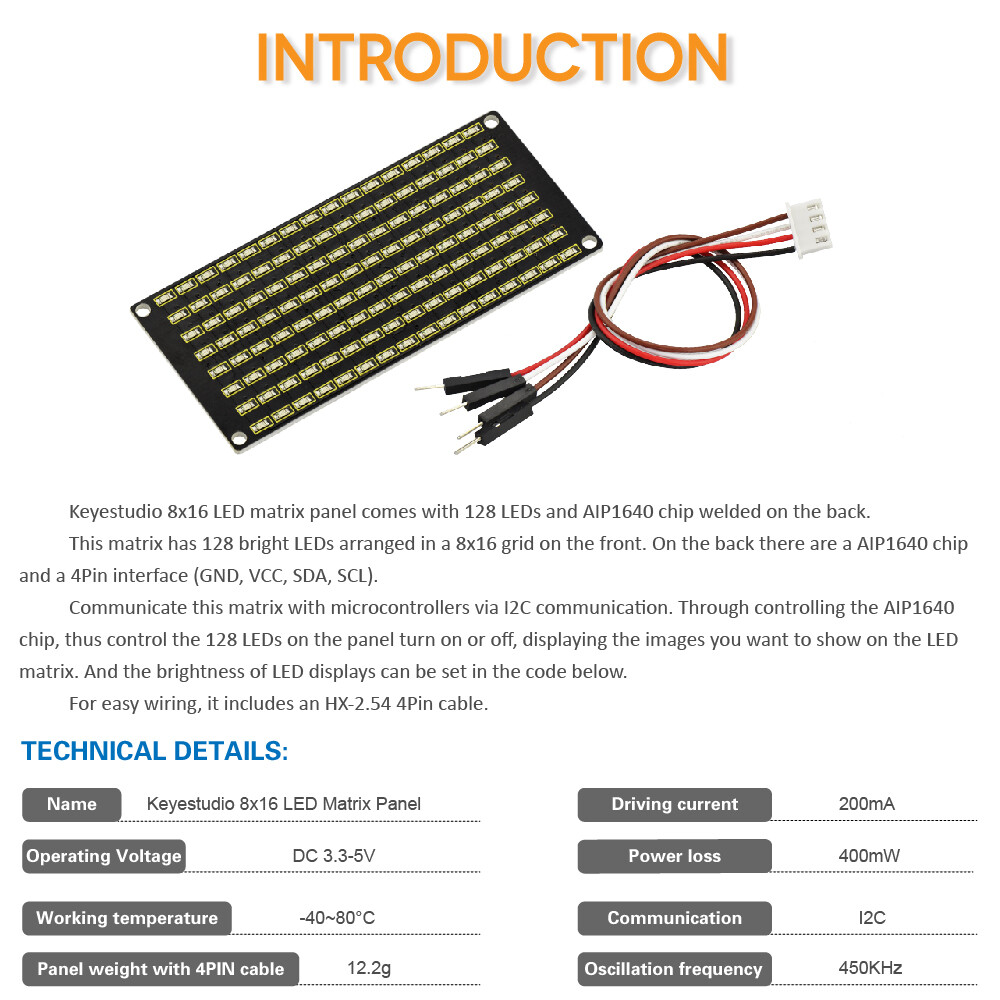 Keyestudio 8x16 LED Dot Matrix Board for Arduino med PH2.54 stik
