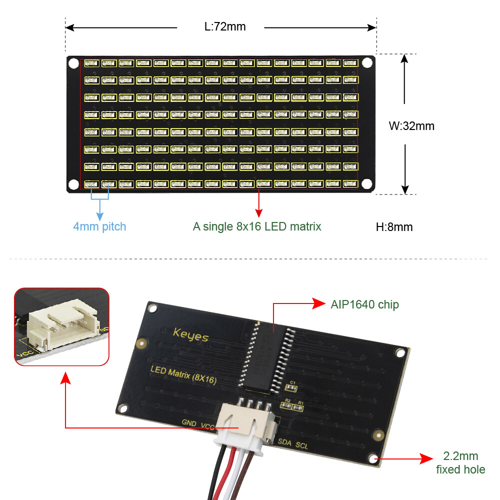 Keyestudio 8x16 LED Dot Matrix Board for Arduino med PH2.54 stik