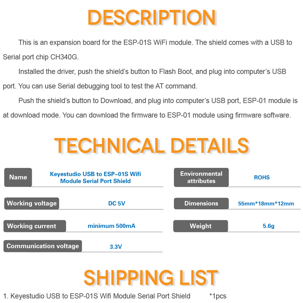 Keyestudio ESP-01S WiFi til USB-modul kompatibelt med Arduino, kompatibel med ESP8266