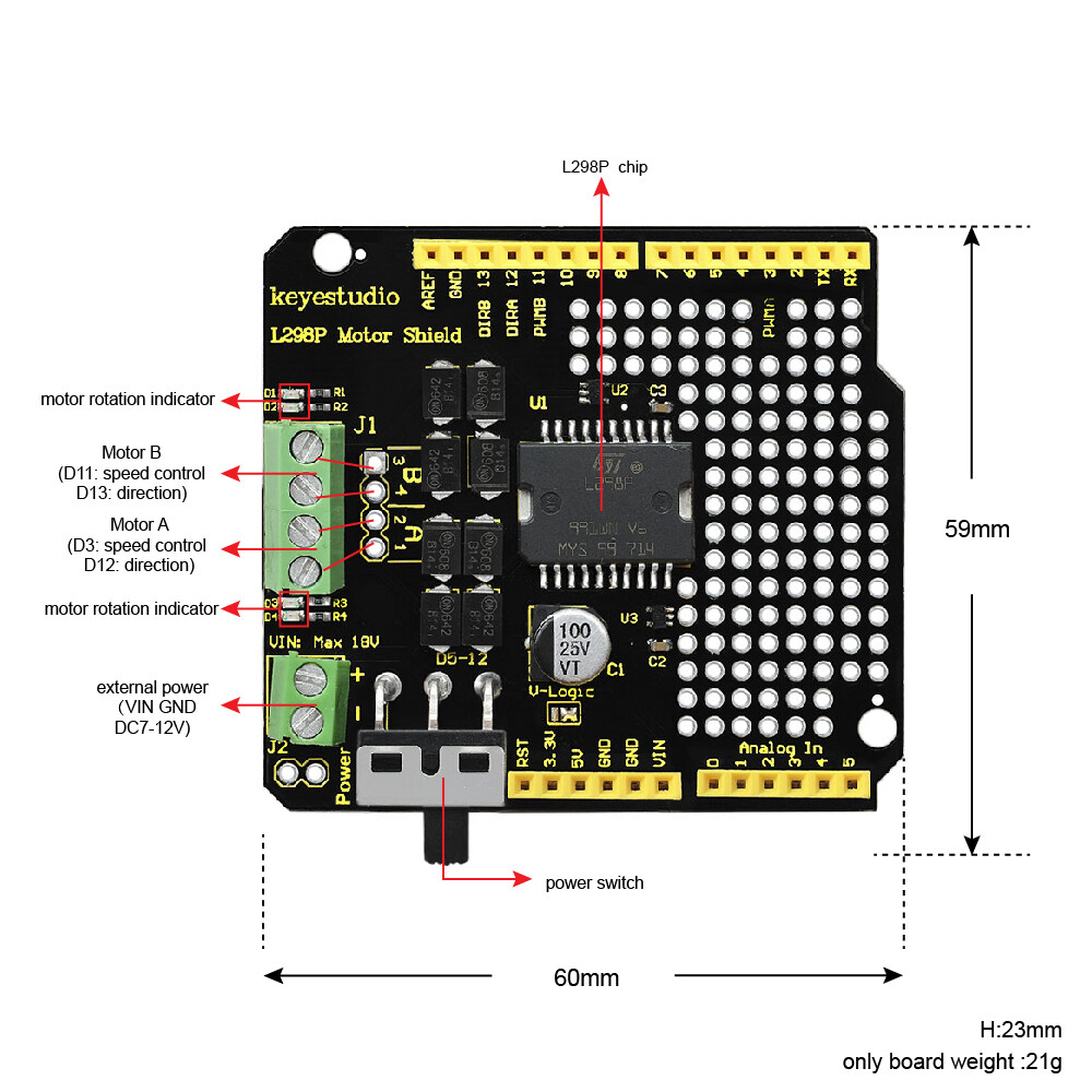 Keyestudio L298P DC Motordriver-skærm til Arduino UNO R3 med strømafbryder