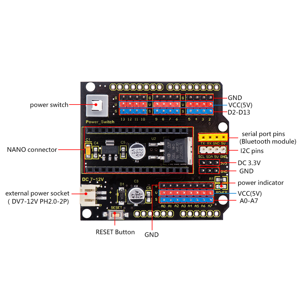 Keyestudio NANO Shield Board til Arduino Nano med strømafbryder