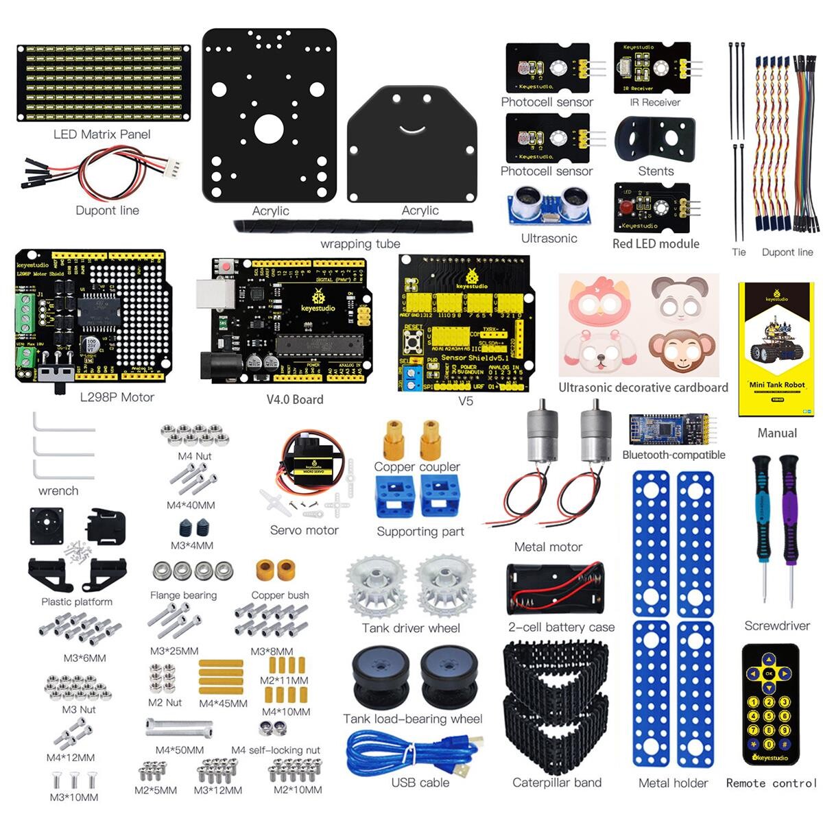 Keyestudio DIY Mini Tank Robot V2.0 Smart Robot Car Kit for Arduino Robot Kit STEM+ 15 Projekter, styring via IOS & Android
