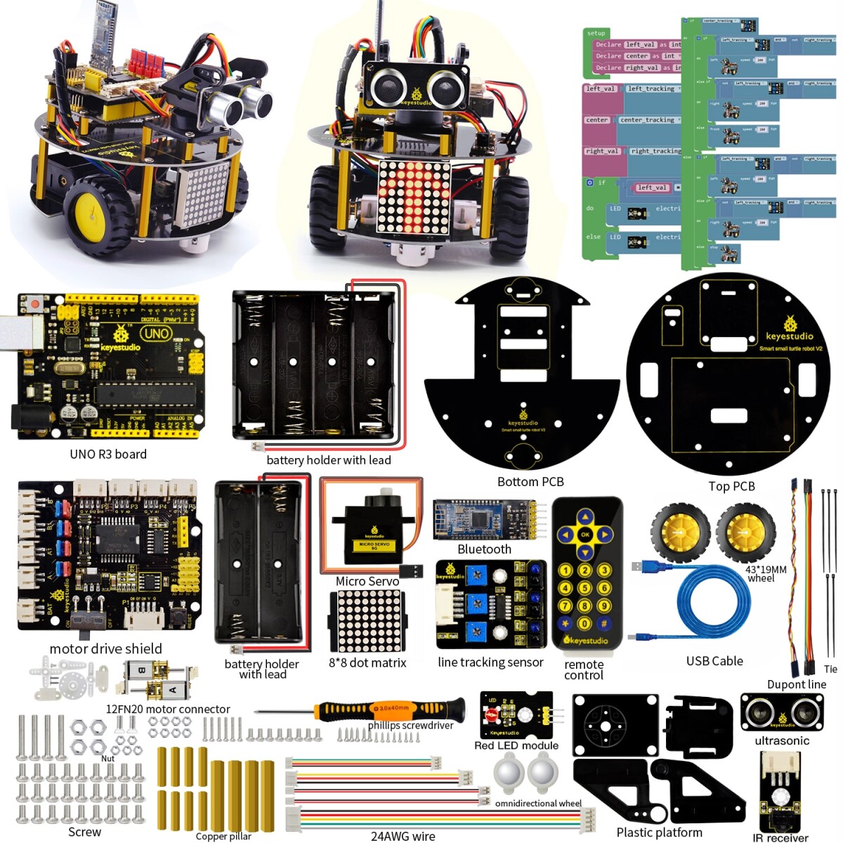 Keyestudio Smart Little Turtle Robot V3.0 til Arduino Robot STEM/Support IOS & Android APP kontrol