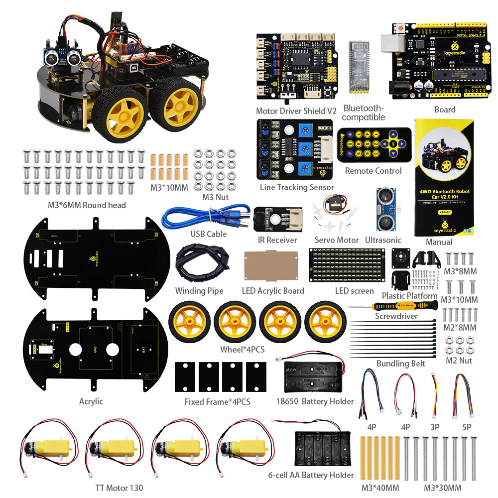 Keyestudio 4WD Multi BT Robot Car Kit Opgraderet V2.0 W/LED display til Arduino Robot Stem EDU Programmeringsrobotbil/DIY
