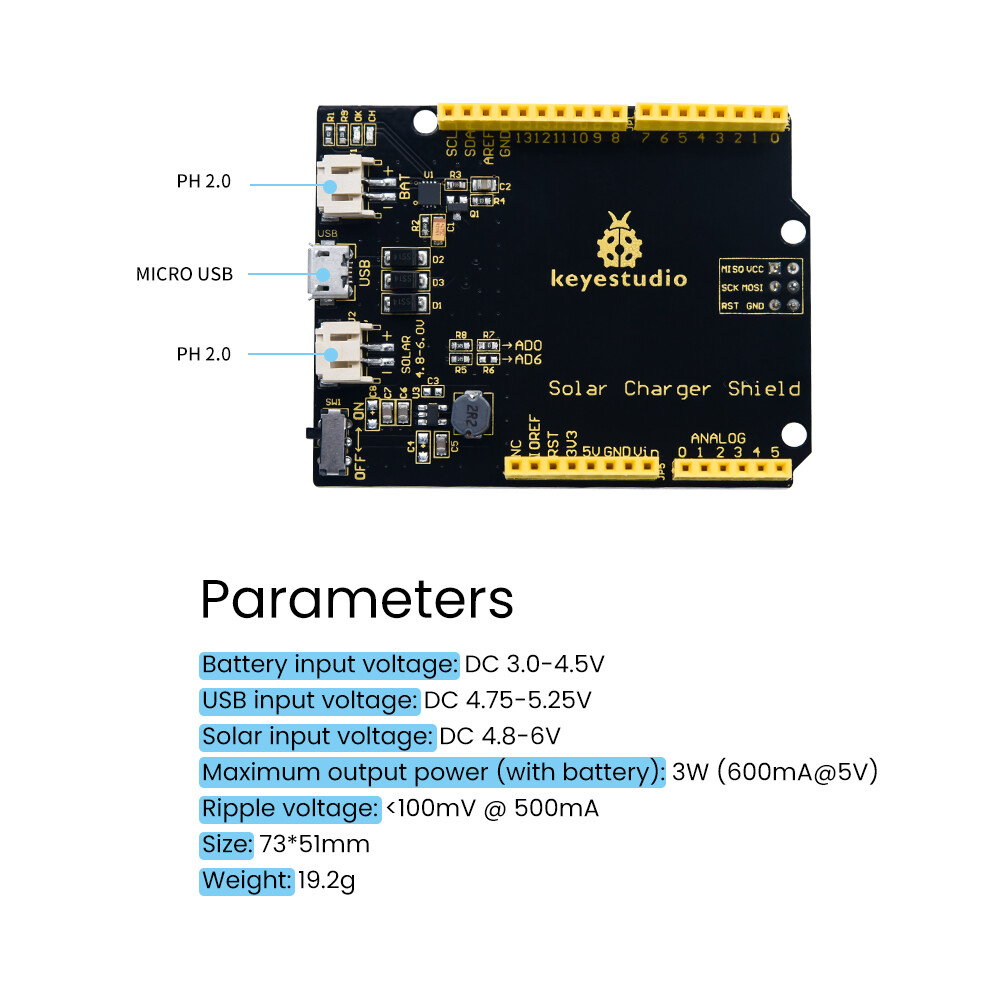 Keyestudio Solar Charger Shield for Arduino Uno genopladeligt batteri