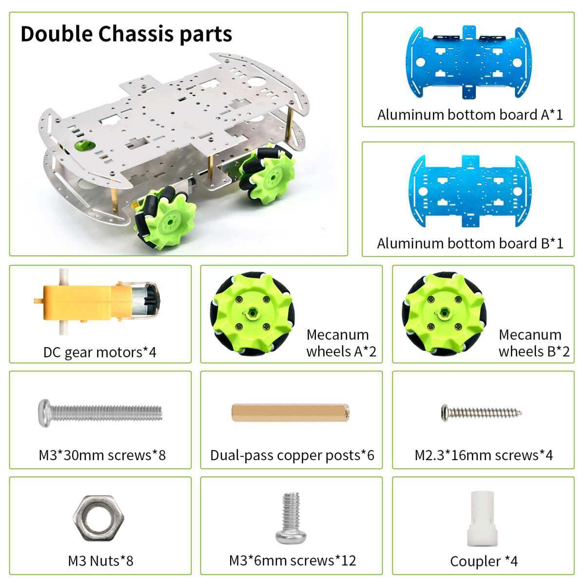 Keyestudio 4WD Mecanumhjul Robot Chassi Kit, dobbeltlag aluminiumkrop, 4 hjul, kreativ uddannelse, gør-det-selv
