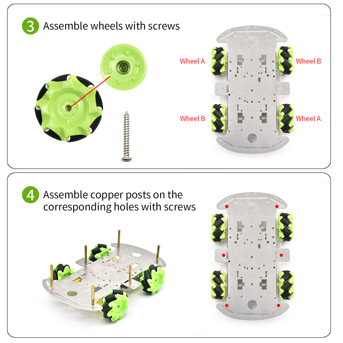 Keyestudio 4WD Mecanumhjul Robotvogn Chassis Kit, enkeltlags aluminiumkrop, 4 hjul, kreativ uddannelse, DIY
