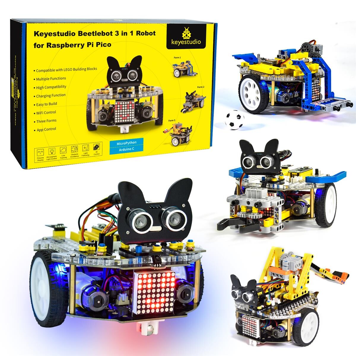 Keyestudio 3-i-1 Beetlebot Robotbil STEM Uddannelse DIY Kit til Raspberry Pi Pico Kompatibel med LEGO+Projekter