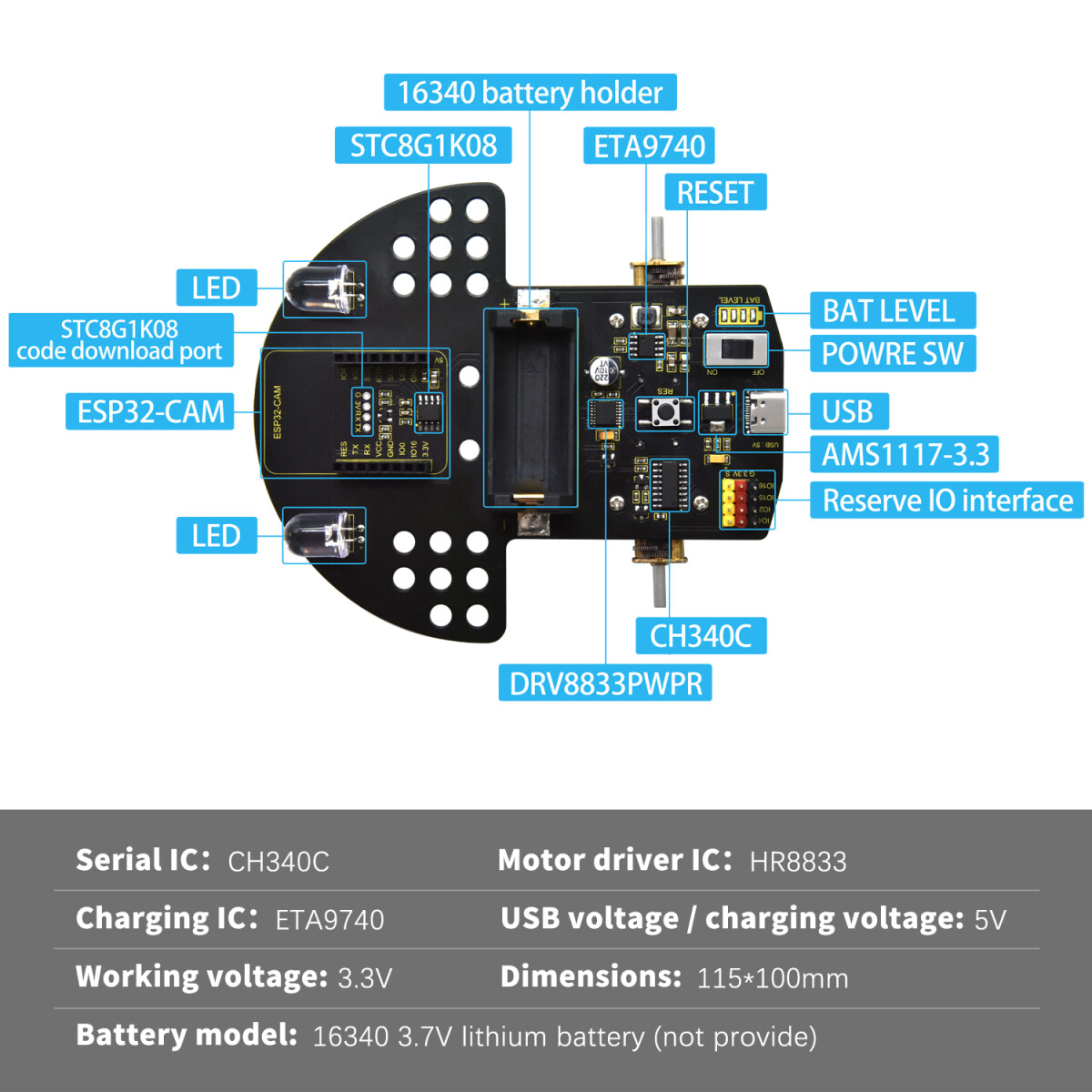Keyestudio ESP32-CAM Visuelt Smart Car til Arduino Robot Kit