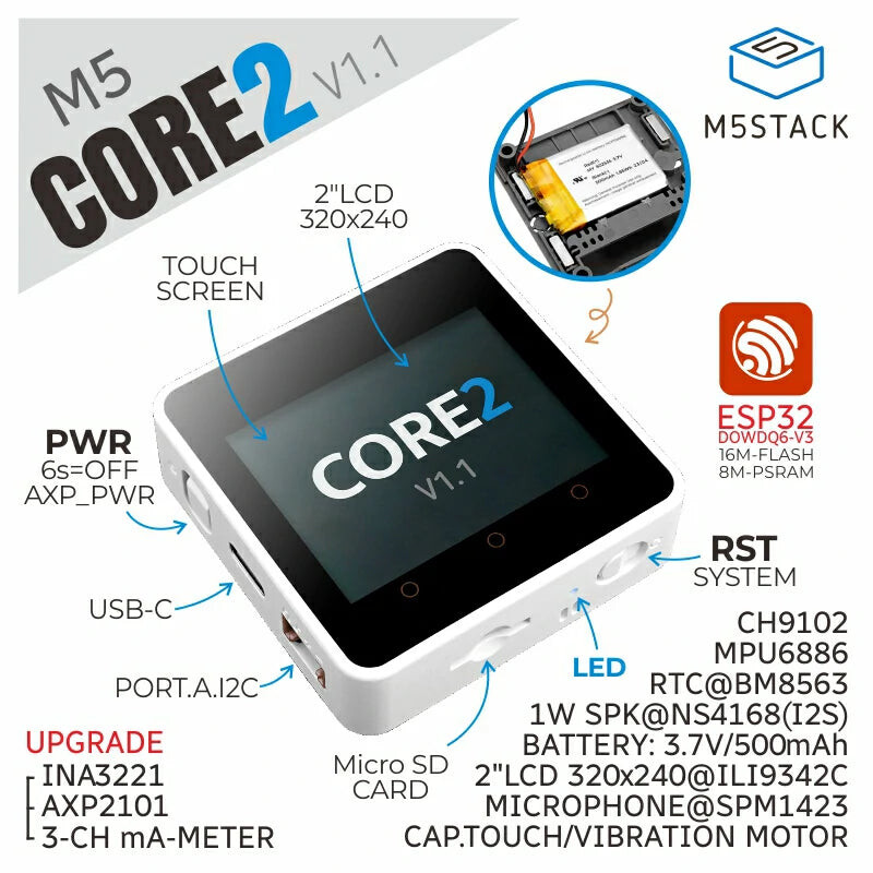 M5Stack Core2 ESP32 IoT Udviklingskasse V1.1