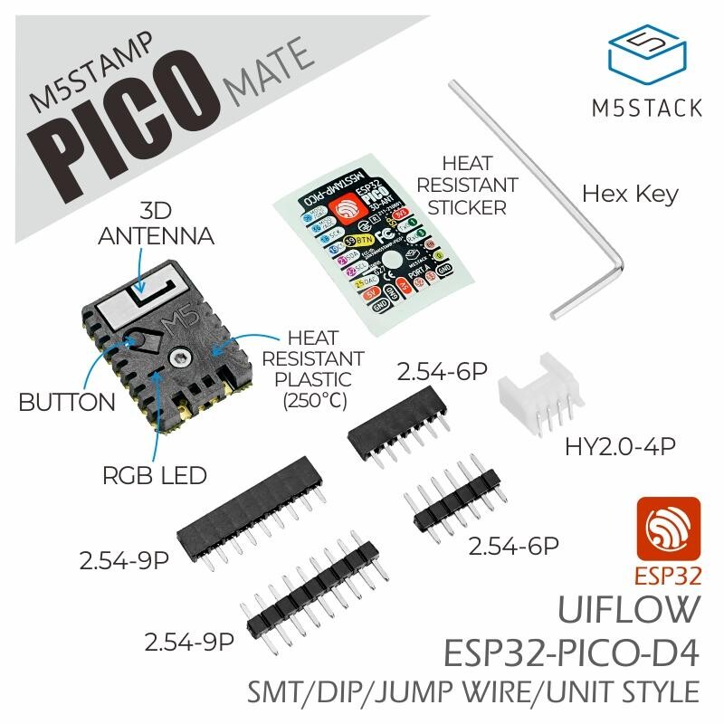M5Stack M5Stamp Pico Mate med stikforbindelser Xtensa 32-bit LX6 mikroprocessor 240MHz