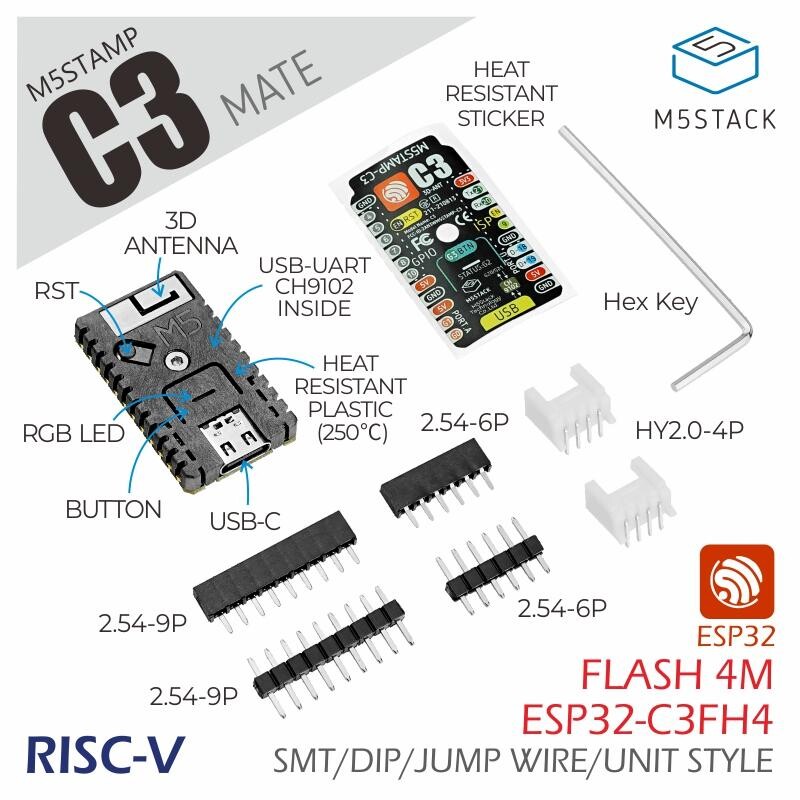 M5Stack M5Stamp C3 Mate med Pin Headers ESP32-C3 RISC-V MCU WiFi BLE