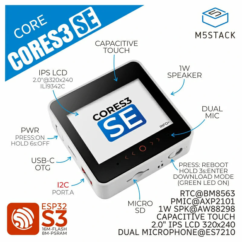 M5Stack CoreS3 SE IoT-controller uden batteri, underside