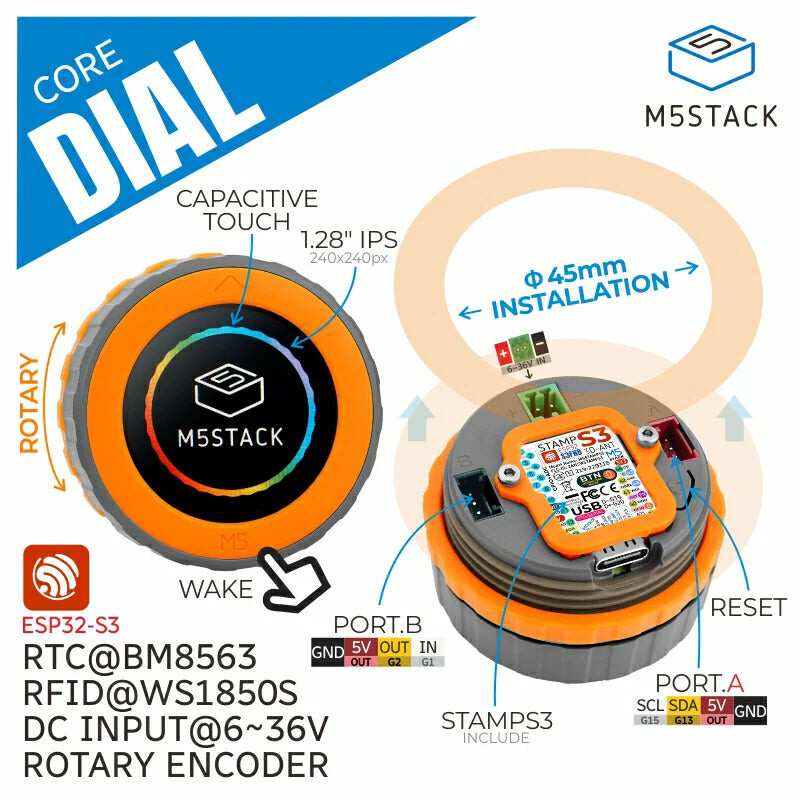 (Stopperet) M5Stack Dial - ESP32-S3 Smart Rotary Knob med 1,28 tommer rund touchskærm