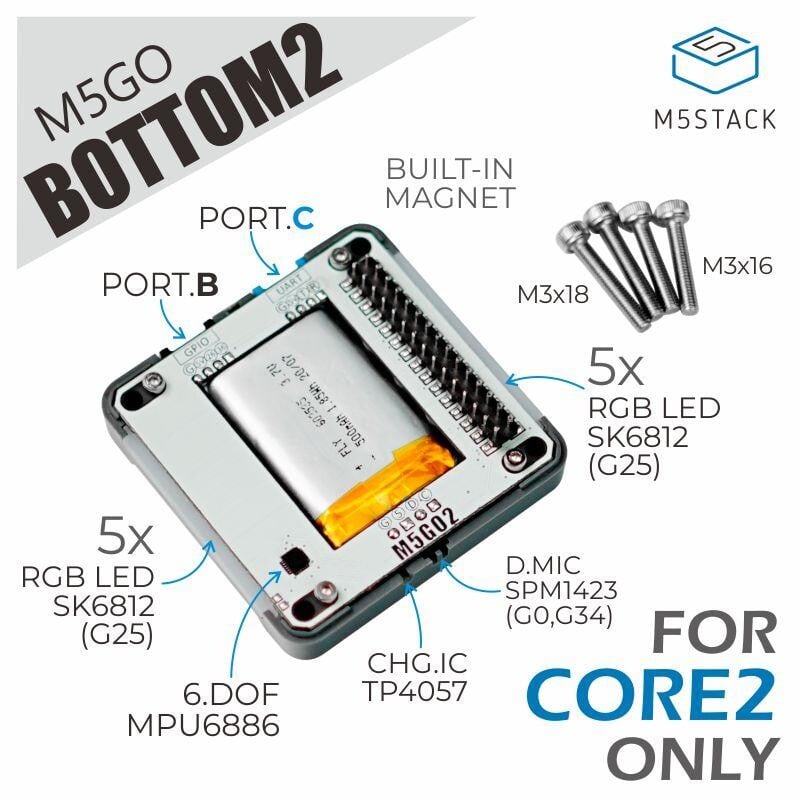M5Stack M5GO Batteri Bundt2 kun til M5Core2 med MPU6886 Mikrofon 500mAh LiPo