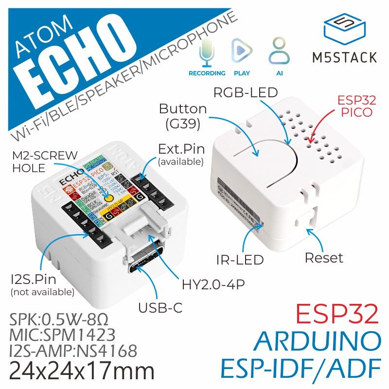 M5Stack ATOM Echo Smart Speaker Udviklingssæt Support A2DP BLE 4.0
