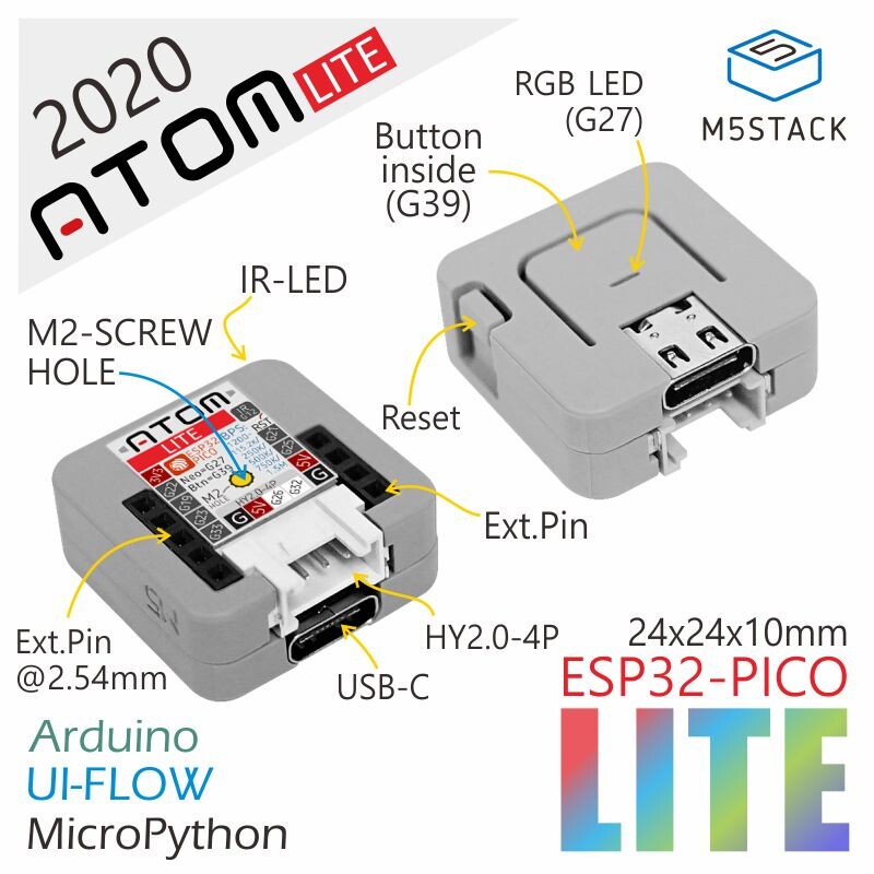 M5Stack ATOM Lite ESP32 Udviklingskasse, ESP32 PICO Chip med WiFi og Bluetooth