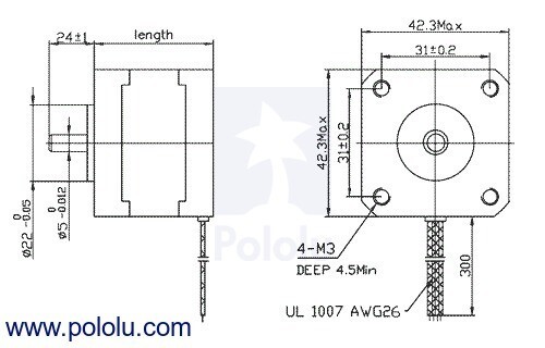 Pololu Stepmotor NEMA 17 Unipolær Bi-polær 200 Trin/Omdrejning 42x48mm 4V 1,2A/Fase 1200