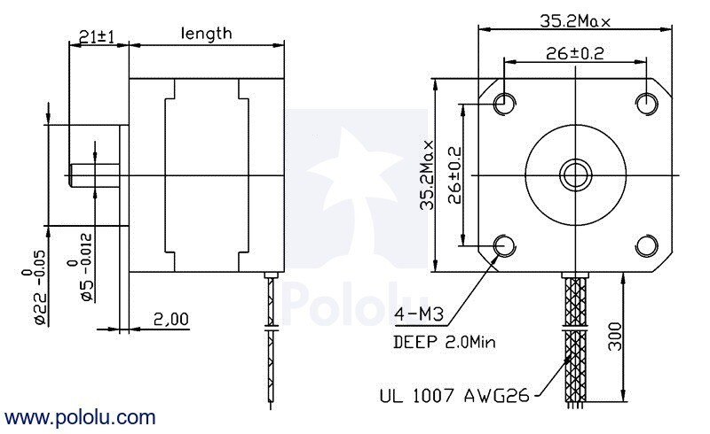 Pololu Stepmotor NEMA 14 Bi-polær 200 Trin/Omdrejning 35x36mm 2,7V 1A/Fase 1209