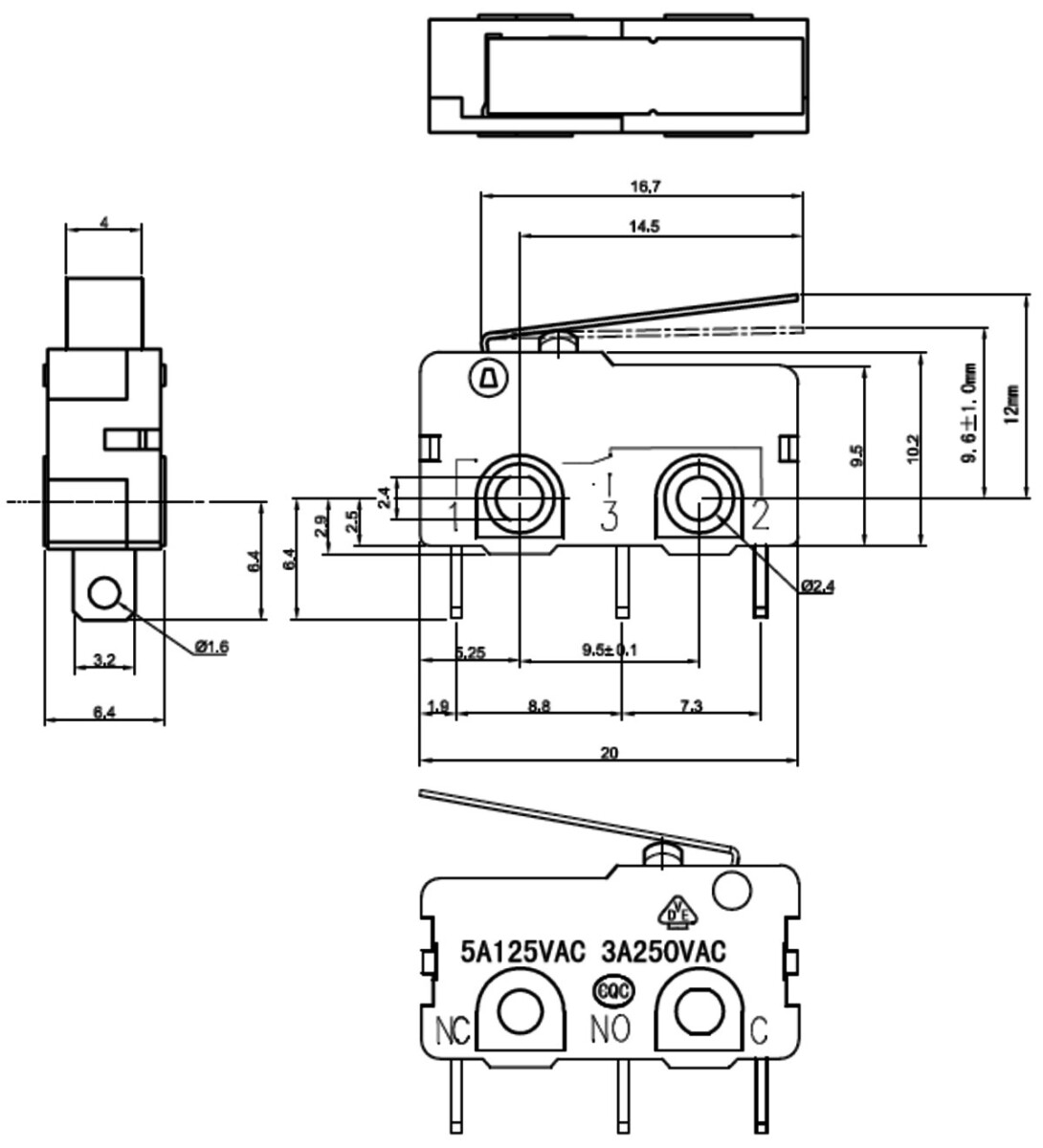 Pololu Snap-Action Switch med 16,7 mm kontakt: 3-ben, SPDT, 5A 1402