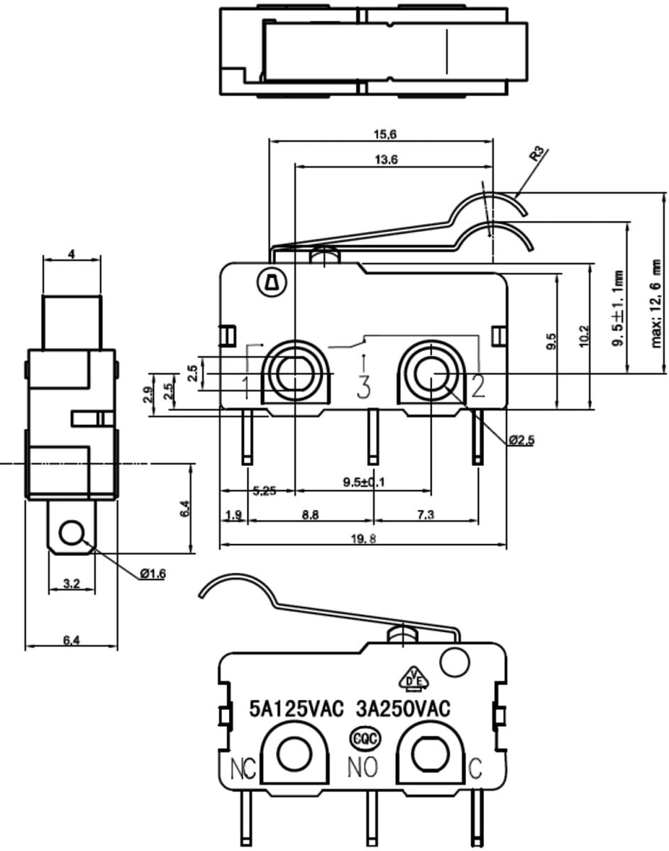 Pololu Snap-Action Switch med 15,6 mm stødende kontakt: 3-ben, SPDT, 5A 1405