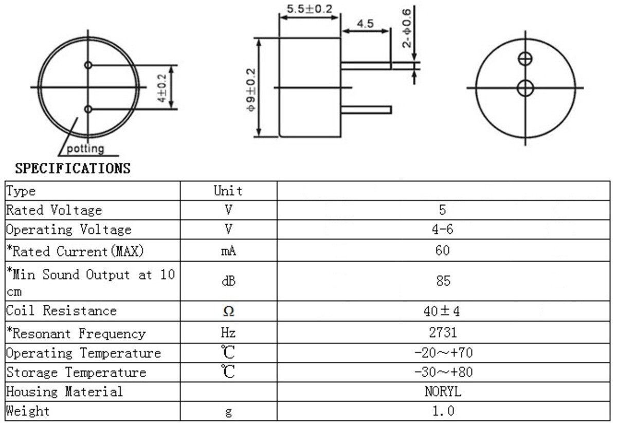 Pololu elektromagnetisk buzzer 9 mm, 40 Ohm, 4-6 V, topåbent, 1485
