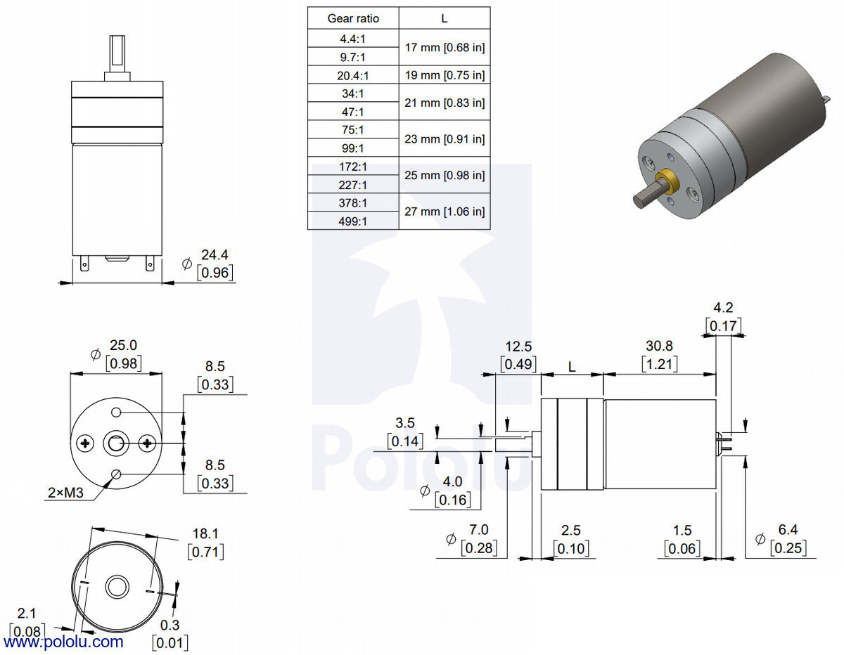 Pololu 172:1 Metal Gear Motor 25x56 L mm HP 6V High Power uden encoder 1577