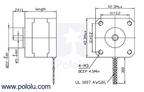 Pololu NEMA 17 Stepmotor Bi-polær 200 Trin Revision 42×42×38 mm 2,8 V 1,7 A Fase 2267