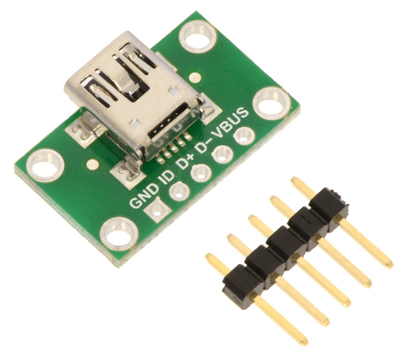 Pololu USB Mini-B Connector Breakout Board, VBUS, GND, D-, D+ og ID pins 2593