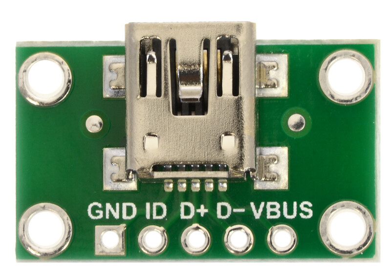 Pololu USB Mini-B Connector Breakout Board, VBUS, GND, D-, D+ og ID pins 2593