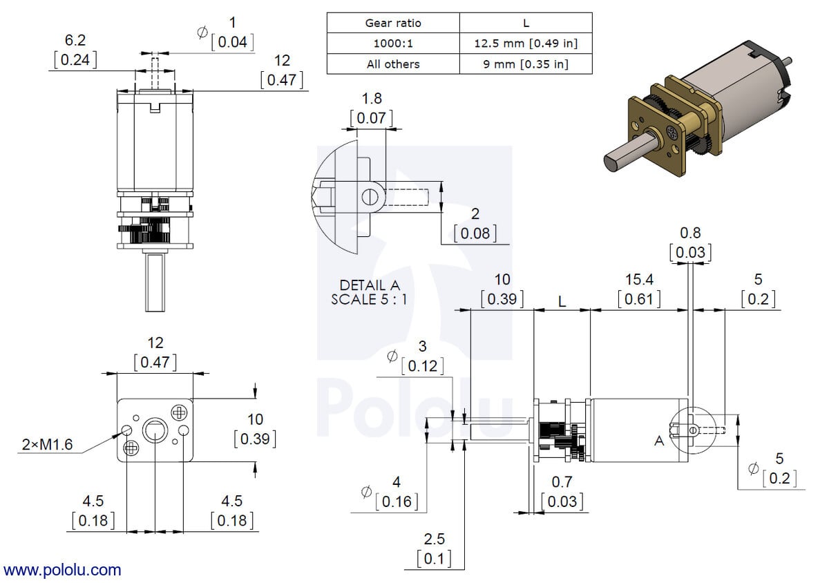 Pololu 210:1 Micro Metal Gearmotor HPCB 12V med forlænget motorstang 3054