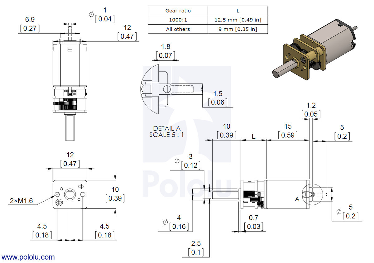 Pololu 1000:1 Metal Gearmotor MP 6V med forlænget motorstang 3059