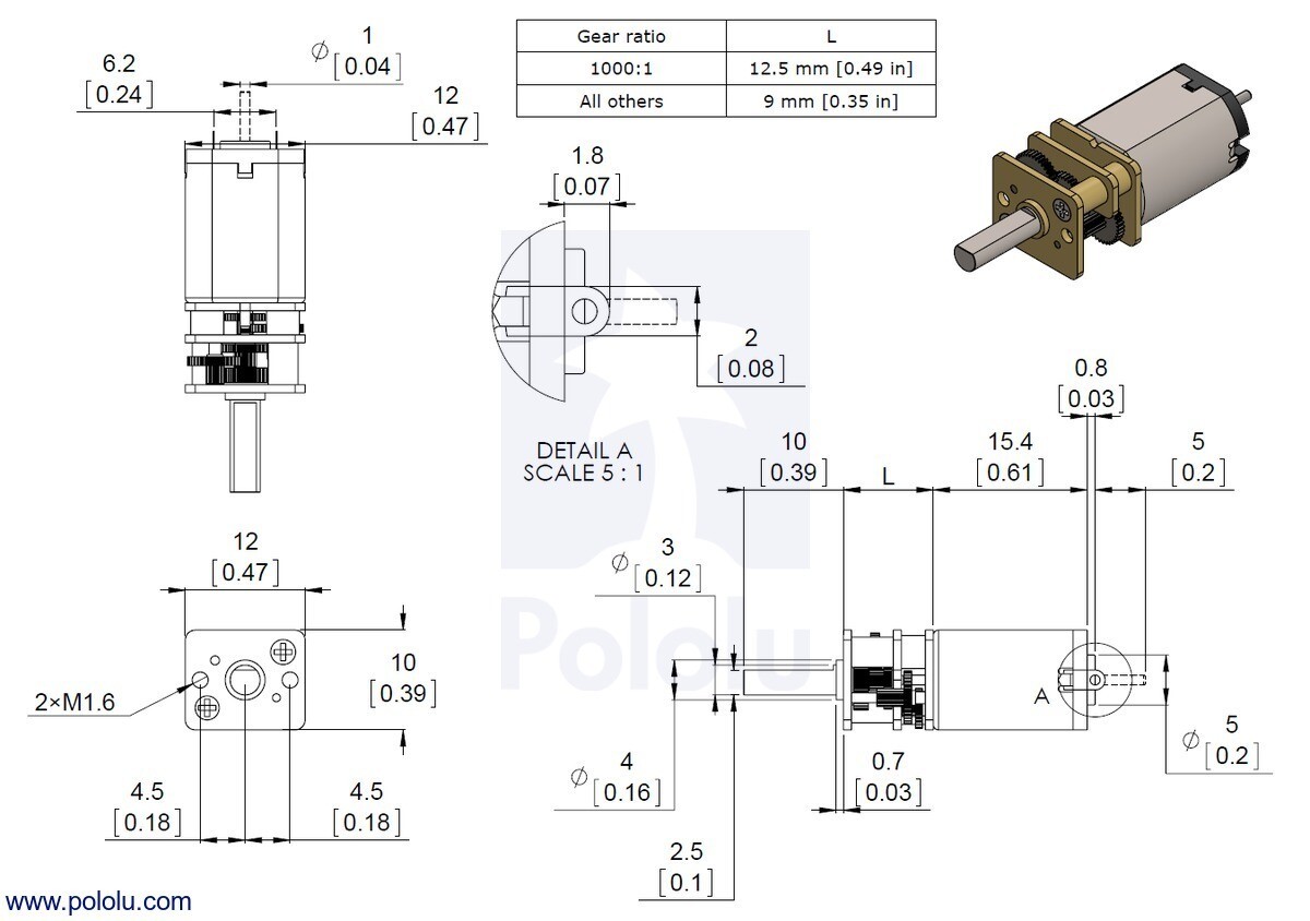 Pololu 250:1 Mikro Metal Gearmotor HPCB 6V børstet DC-motor 3068