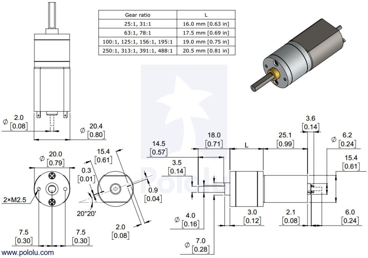 Pololu 31:1 Metallgearmotor 20x41L mm 6V med forlænget motoraks 3463
